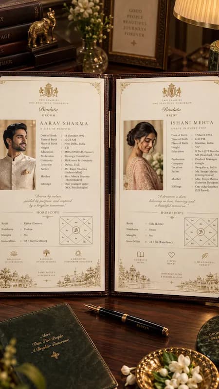 A two-page matrimonial biodata booklet