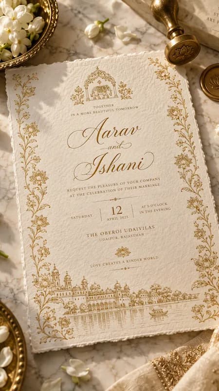 A luxury 9:16 digital wedding invitation card with gold foil frame