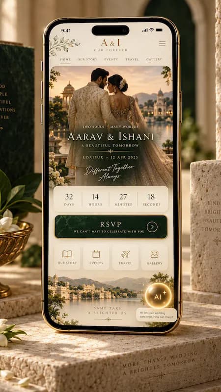 A royal wedding website on a phone with RSVP, timeline and maps