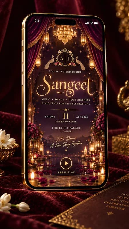 A 4K motion video wedding invitation with a play button