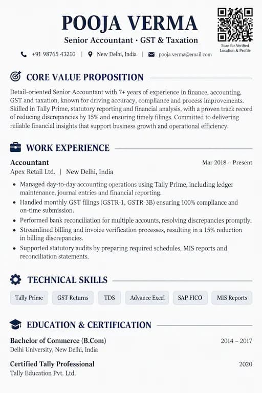 A single-page A4 ATS resume with a location QR code